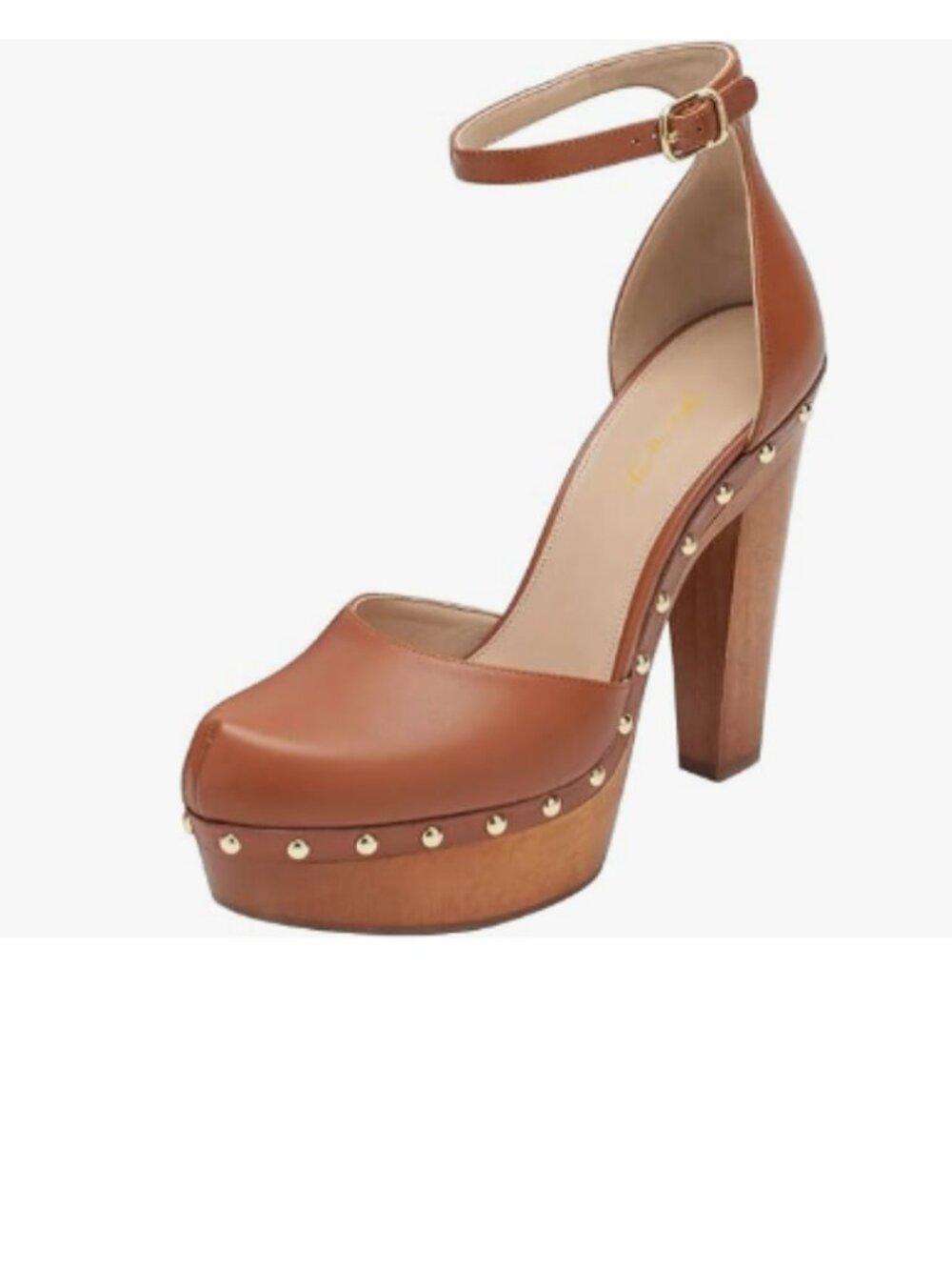 FOWT Brown Chunky Wooden High Heel Closed Toe Ankle Buckle Strap Pumps